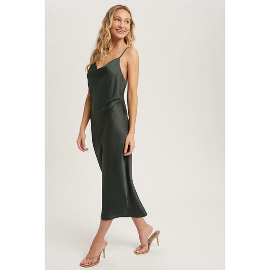 Black Satin Midi Slip Dress