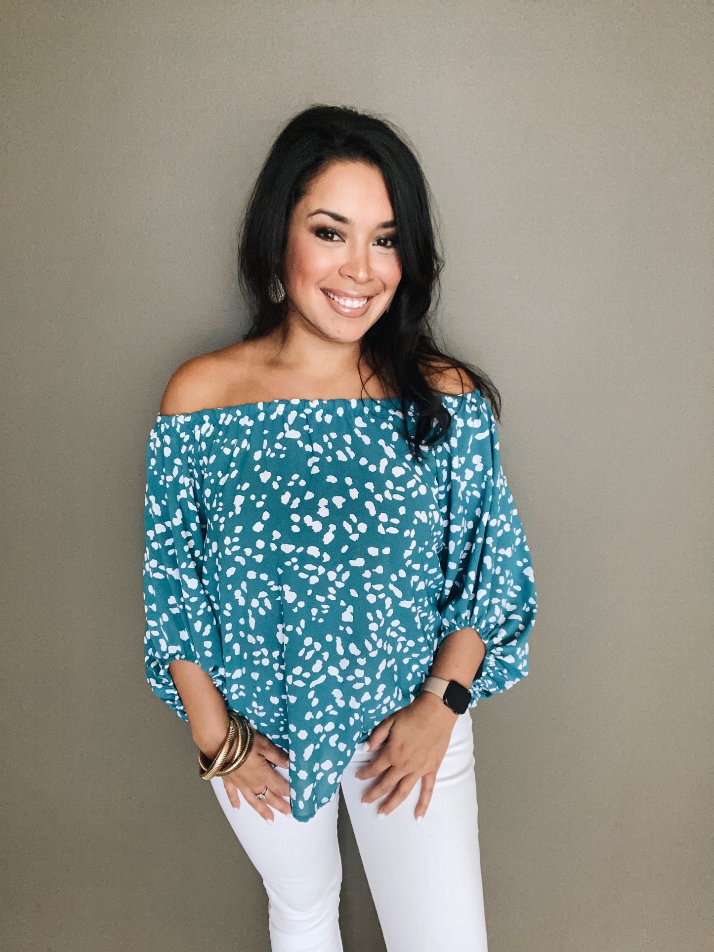 Teal Spotted Off the Shoulder Top - Salud HTX