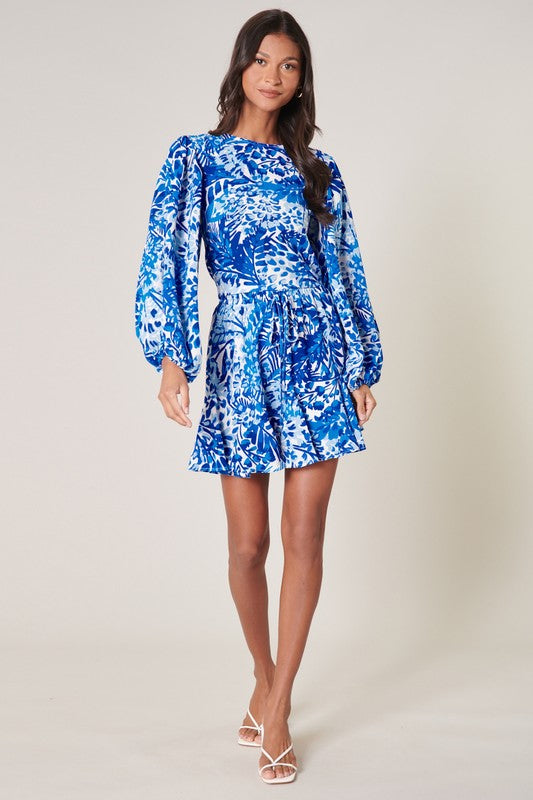 Blue & White Floral Balloon Sleeved Top