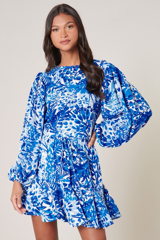 Blue & White Floral Balloon Sleeved Skirt