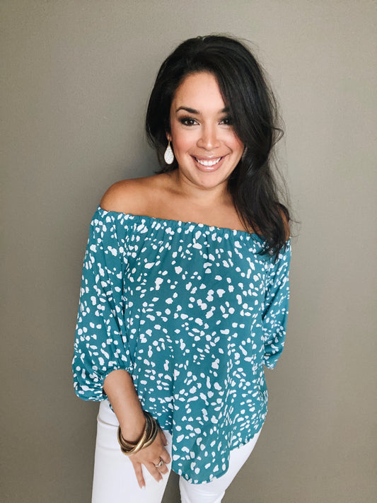 Teal Spotted Off the Shoulder Top - Salud HTX