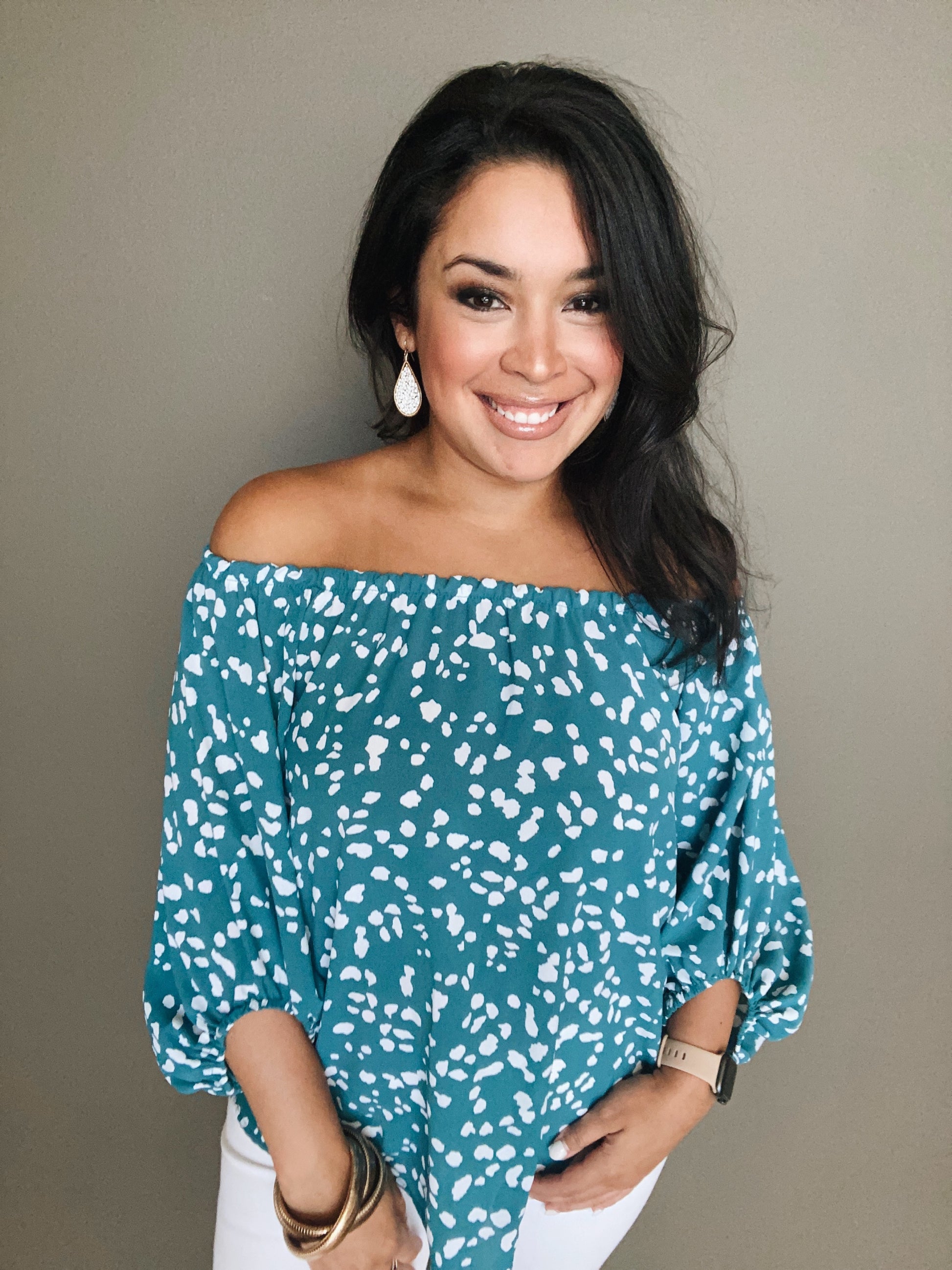 Teal Spotted Off the Shoulder Top - Salud HTX