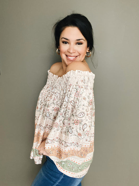 Smocked Floral Off the Shoulder Top