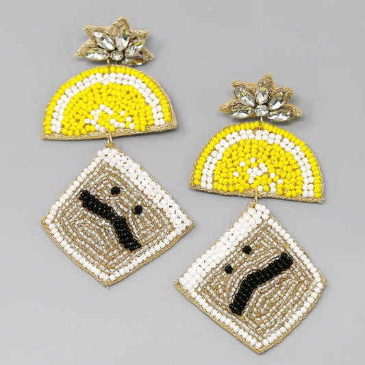 Tequila Shot With Lemon Slice Seed Bead Drop Earrings